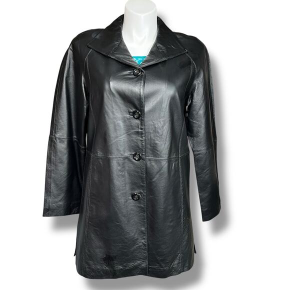East 5th Jackets & Blazers - East 5th Womens Leather Jacket Long Coat Collared Button Closure Black Large